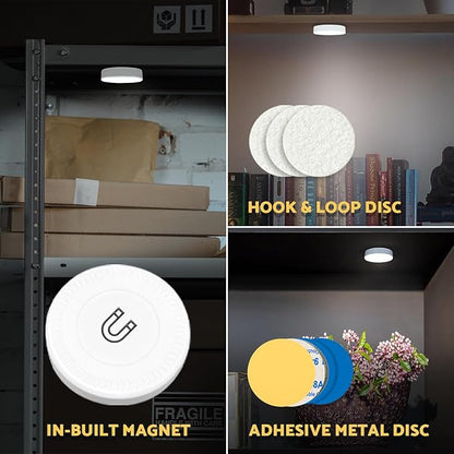 DAZZY DOT Rechargeable Puck Lights 2 Pack, Dimmable Touch Light Stick on for Closet, Magnetic Tap Light 1000mAh Battery Powered, Portable Led Light Cool White for Locker, Cabinet, Bedside, Kitchen