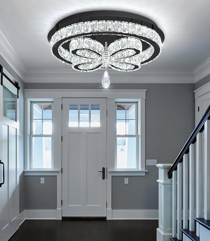 20'' Modern Crystal Chandelier LED Dimmable Flush Mount Ceiling Light Pendant Light for Living Room Bedroom Dining Room Black
