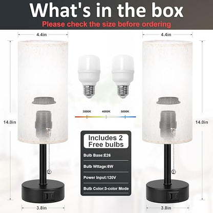 Fenmzee USB Bedside Table Lamps Set of 2-3 Color Temperatures Pull Chain Lamp with USB C and A Charging Ports, Round Night Stand Lamps for Bedroom