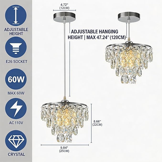 Mini Crystal Chandelier Small Modern Crystal Flush Mount Ceiling Light for Hallway Closet, E26 Base, K9 Crystal (Chrome-Pendant)