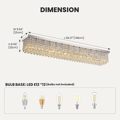 7PM Rectangular Chandelier, Modern Dining Room Light Fixture with Raindrop Chandelier Crystals, 13-Light Flush Mount Rectangle Chandelier for Dining Room Kitchen,Chrome Finish L59'' x W10'' x H9''