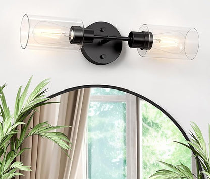 Bathroom Light Fixtures 2 Light Black, Bathroom Vanity Lights Over Mirror, Bathroom Sconces Wall Lighting，Farmhouse Matte Black Bathroom Vanity Light, Modern Vanity Lights with Clear Shades
