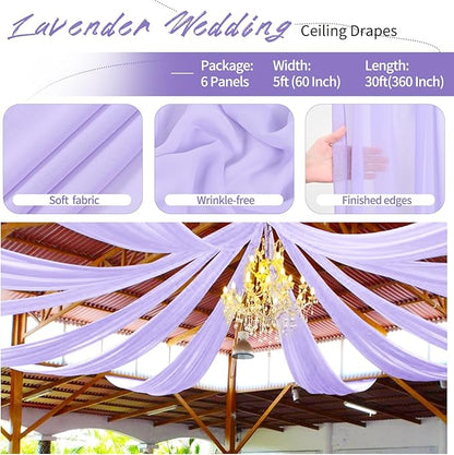 6 Panel Purple Ceiling Drapes for Wedding Arch - 5ft x 30ft Sheer Voile Chiffon Drapery