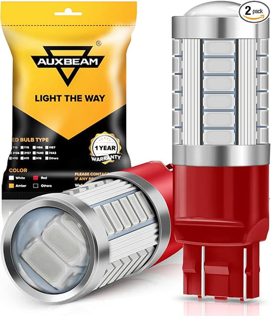 Auxbeam 7440 7443 LED Bulbs Brilliant Red for Tail Lights T20 7441 7444 Replacement Kit for Stop Brake Lights, 33-SMD LED Chips with Projector, Pack of 2 (Need Resistors)