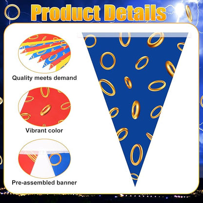 Hestya 5 Pcs 49 Ft Blue with Gold Ring Pennant Banner, Cartoon Themed Birthday Party Decor Video Games Triangle Flag Bunting Garland for Baby Shower Birthday Supplies