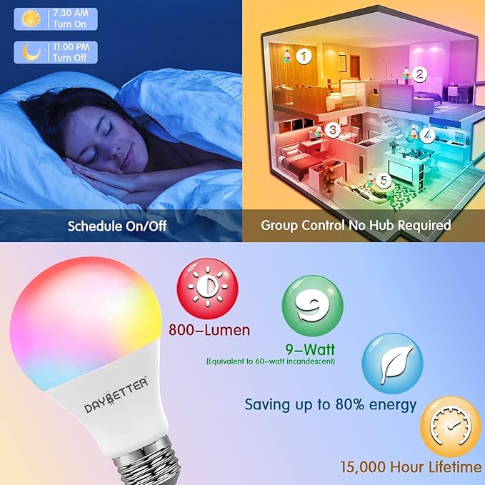DAYBETTER Smart Light Bulbs, Alexa Light Bulb, WiFi Color Changing Light Bulb, Smart Bulbs that Work with Alexa & Google Home, Music Sync LED Light Bulb, A19 E26 9W 810LM Smart Home Lighting, 2 Pack