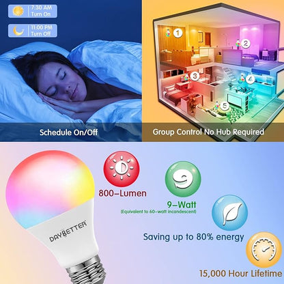 DAYBETTER Smart Light Bulbs, Alexa Light Bulb, WiFi Color Changing Light Bulb, Smart Bulbs that Work with Alexa & Google Home, Music Sync LED Light Bulb, A19 E26 9W 810LM Smart Home Lighting, 2 Pack