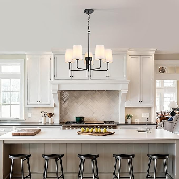 5-Light Farmhouse Chandelier, 25''Matte Black Linear Pendant Light with White Linen Shades, Adjustable Hanging Island Lighting for Kitchen, Dining Room, Foyer