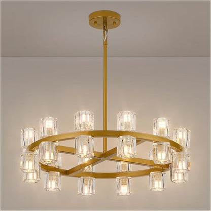 24 Inch Gold Crystal Wagon Wheel Chandelier, Modern Farmhouse Round 24-Lights Pendant Lighting Fixture, for High Ceilings Living Room, Bedroom, Foyer