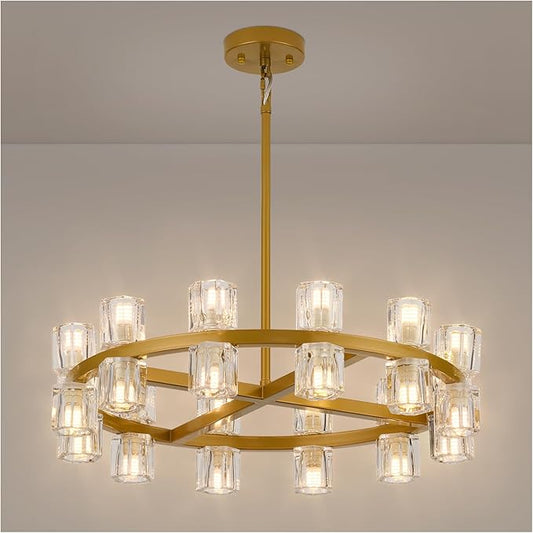 24 Inch Gold Crystal Wagon Wheel Chandelier, Modern Farmhouse Round 24-Lights Pendant Lighting Fixture, for High Ceilings Living Room, Bedroom, Foyer