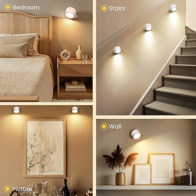 Wall Mounted Lamp LED Wall Lights with Rechargeable Battery Operated, 3 Color Temperatures & 3 Brightness Levels 360°Rotate Magnetic Ball, Cordless Sconces for Reading Bedroom Bedside,White-3 Pack