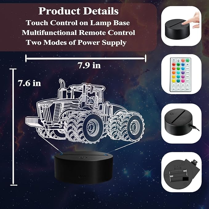 Tractor 3D Night Light, Tractor Gifts, LED Illusion Lamp with Remote Control, 16 Colors, Timer, RGB Flashing Mode and Dimmable, Tractor Toys Cool Stuff for Holiday Birthday Christmas