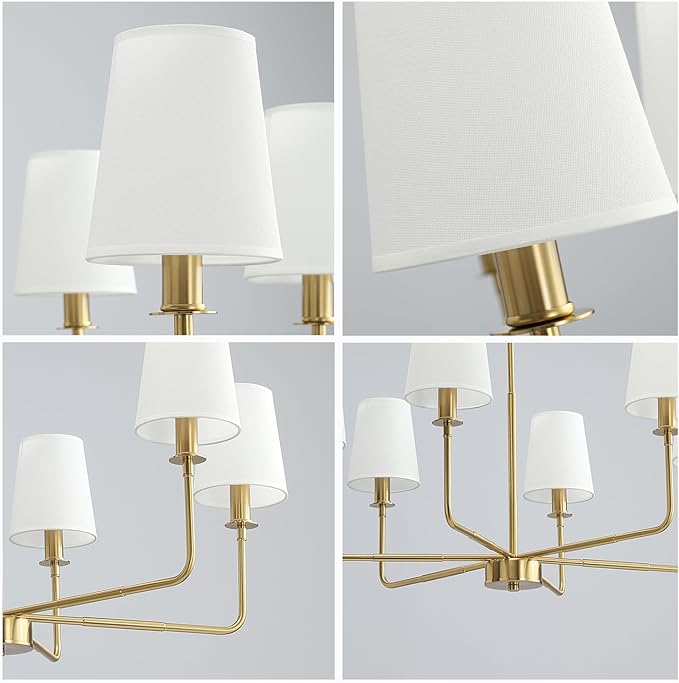 6-Light Classic Chandelier with Brushed Gold Finish & Linen Shades, E12 Base Rustic Ceiling Light Fixture for Kitchen Island, Dining Room, Entryway, Industrial Farmhouse Lighting
