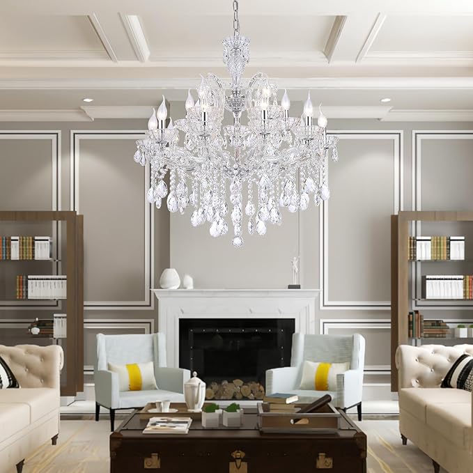Modern Large Crystal Chandelier, Maria Theresa Crystal Chandelier 15 Lights 2 Layers Luxury Chrome Chandelier Lighting Fixture for Dining Room, Living Room, High Ceiling, Foyer, Staircase