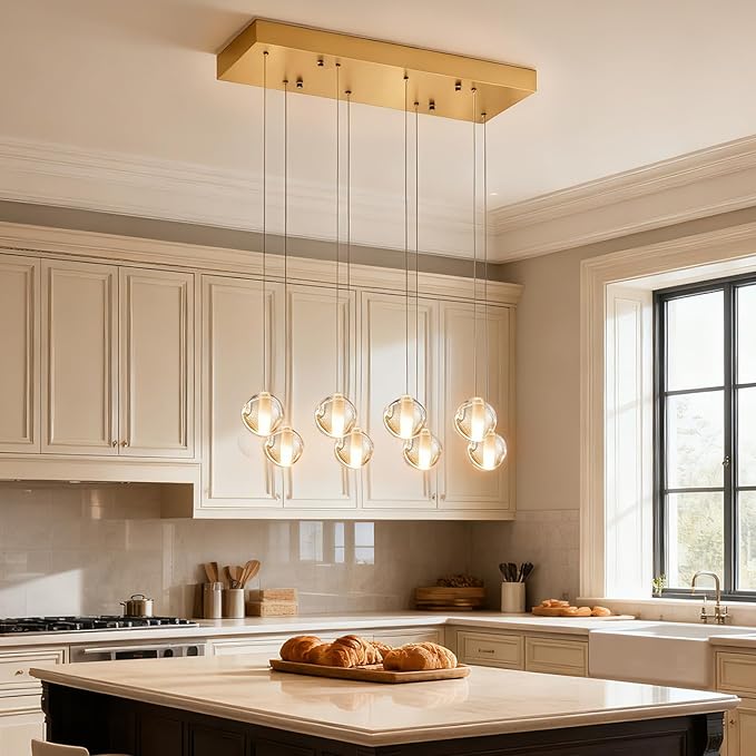 8 Lights Gold Raindrop Rectangle Chandelier, Modern Bubble Crystal Chandelier for Dining Room, Large Pendant Light for High Ceilings Staircase Foyer Entryway Living Room Kitchen Island