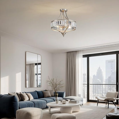 Crystal Chandelier Ceiling Light Fixture, Modern Round Brushed Nickel Dining Room Chandeliers for Kitchen Hallway Bedroom Foyer, 16 Inch Rustic Farmhouse Semi Flush Ceiling Light, 4-Light