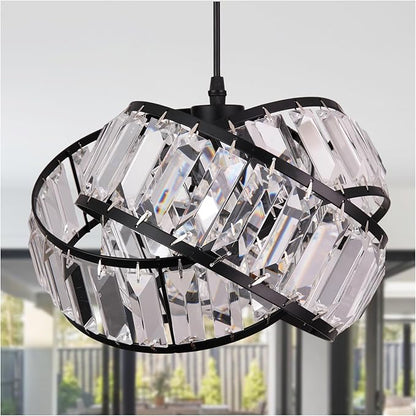 Modern Crystal Chandelier Light Fixure Mid Century Modern Geometric Black Ring Chandelier Vintage Small Crystal Black Chandeliers for Dining Room, Kitchen Island, Bedroom, Foyer