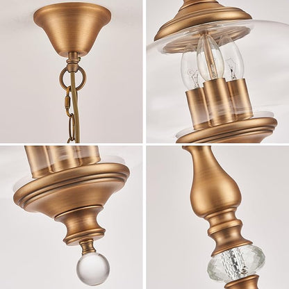Vintage Kitchen Island Pendant Light Antique Brushed Brass Glass Chandelier for Living Room Dining Room Bedroom, W 11.8 in. H 23.6 in.