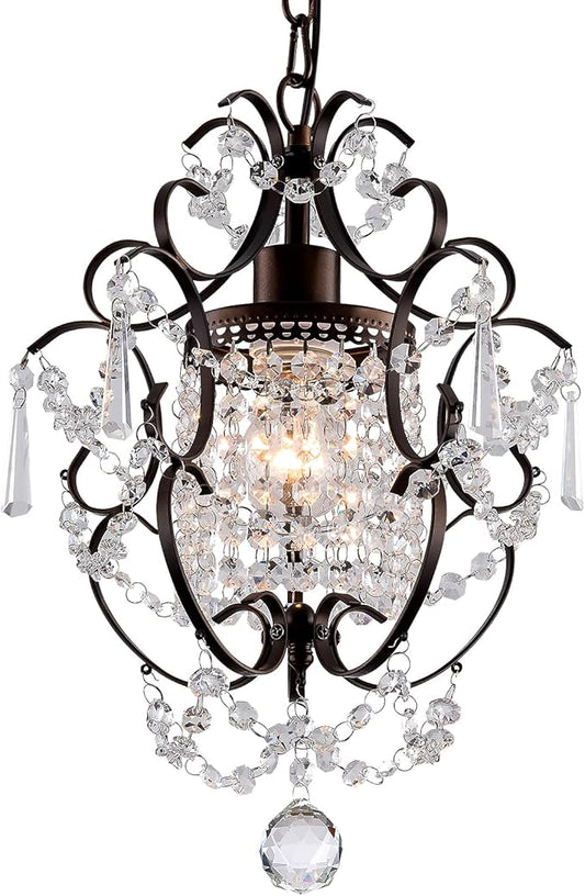 Modern Mini Crystal Chandelier,Iron Bronze Crystal Light Fixtures Ceiling Mount 1 Light Small Chandeliers for Bedroom Elegant Hanging Lighting for Girls Room Dining Room Closet Kitchen Island