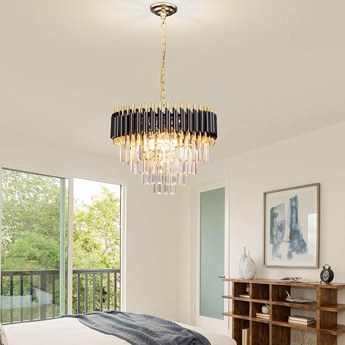FRIXCHUR 20" Modern Crystal Chandelier 4 Tiers Black and Gold Chandelier Pendant Light 53" Long Chandeliers for Entryway Dining Room Living Room Hallway Foyer E12*7 (Exclud Bulbs)