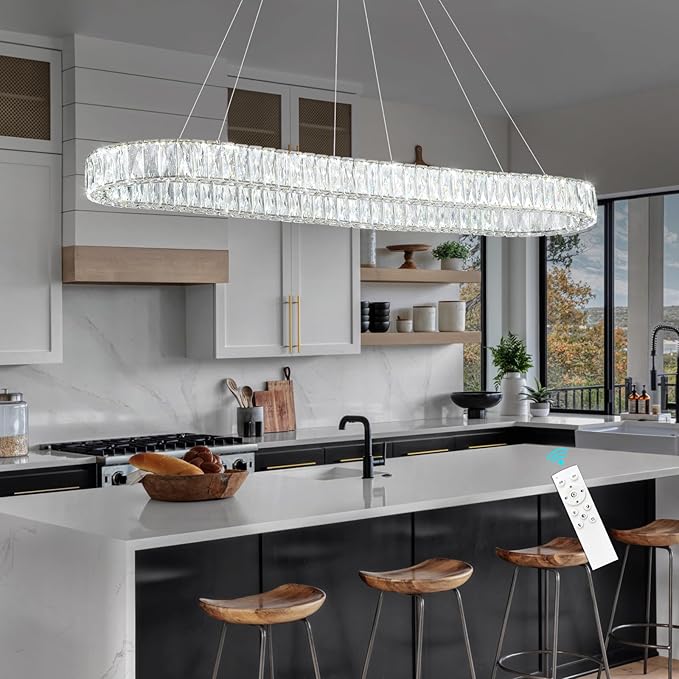 HAIXIANG Modern Crystal Chandelier Dimmable LED Long Chandeliers for Dining Table Pendant Lights Rectangular Glam Lighting Fixtures for Dining Room Kitchen Island Silver