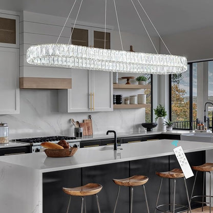 HAIXIANG Modern Crystal Chandelier Dimmable LED Long Chandeliers for Dining Table Pendant Lights Rectangular Glam Lighting Fixtures for Dining Room Kitchen Island Silver