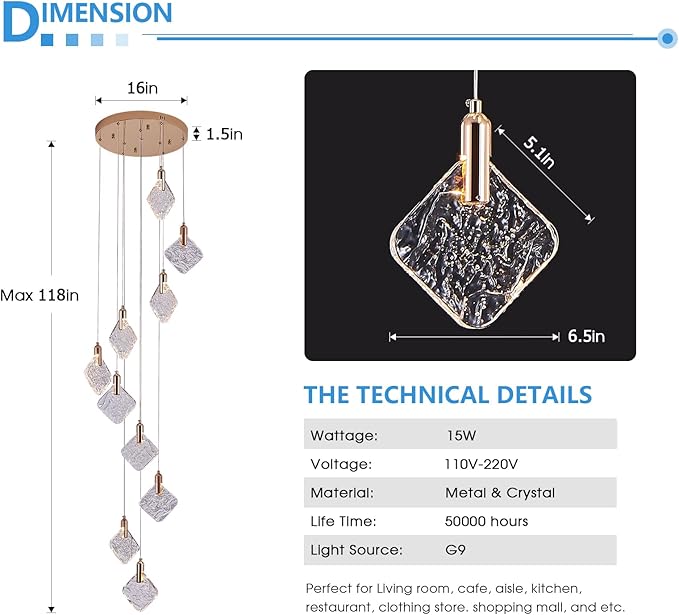 Staircase Crystal Chandelier 10-Light Pendant Light, Modern Square LED H118 High Hanging Ceiling Fixture with Gold Base for Living Room, Dining Room, Kitchen, and Hallway