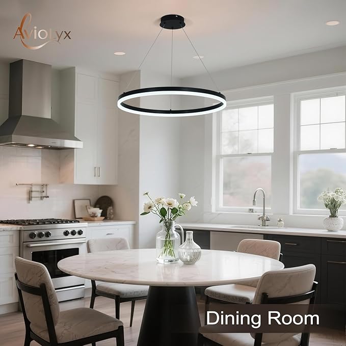Modern LED Chandelier Black High Ceiling Ring Chandeliers with Remote Control Circular Pendant Light Dimmable for Dining Room Living Room Bedroom Hallway Kitchen Island(3000K-6500K D23.6)