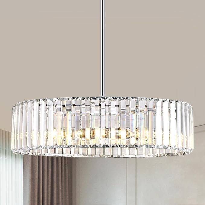 YURNYQ Chrome Crystal Chandelier for Dining Room, 6-Light Modern Semi Flush Mount Chandelier Lighting Fixtures, Round Kitchen Hanging Drum Lights Ceiling for Living Room Bedroom Entry Foyer, 19.6 Inch