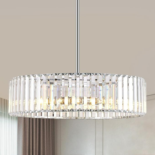 YURNYQ Chrome Crystal Chandelier for Dining Room, 6-Light Modern Semi Flush Mount Chandelier Lighting Fixtures, Round Kitchen Hanging Drum Lights Ceiling for Living Room Bedroom Entry Foyer, 19.6 Inch