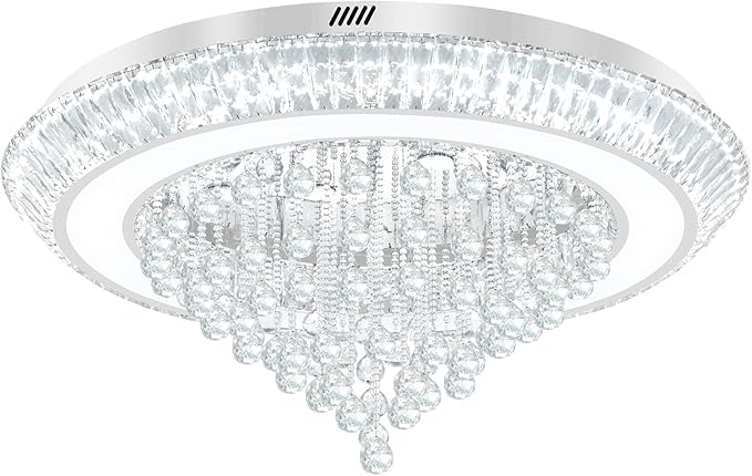 Large Crystal Chandelier for Living Room, Modern Led Luxury Crystal Chandeliers,40in Silver Flush Mount Chandelier Ceiling Light, Raindrop Chandeliers for Dining Room Bedroom
