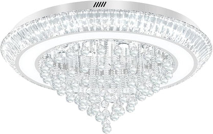 Large Crystal Chandelier for Living Room, Modern Led Luxury Crystal Chandeliers,40in Silver Flush Mount Chandelier Ceiling Light, Raindrop Chandeliers for Dining Room Bedroom