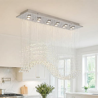 Siljoy Rectangle Wave Raindrop Chandelier for Dining Room, 12 Light Modern Rectangular Flush Mount Crystal Pendant Ceiling Light for Living Room Kitchen L47'' x W11.8'' x H40''