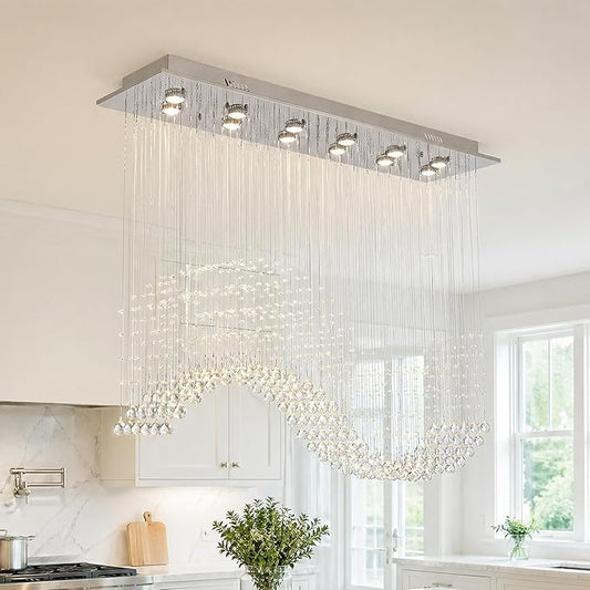 Siljoy Rectangle Wave Raindrop Chandelier for Dining Room, 12 Light Modern Rectangular Flush Mount Crystal Pendant Ceiling Light for Living Room Kitchen L47'' x W11.8'' x H40''