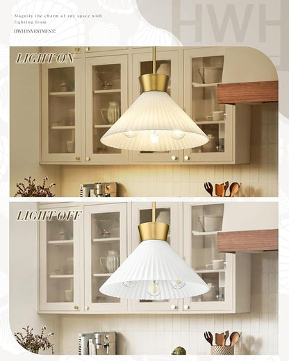 Modern Pendant Light White and Gold, HWH Large Kitchen Island Light Fixtures 16 Inch, 3-Light Hanging Lighting for Dinning Room Schoolhouse, Frosted Striped Glass Shade, 5HZG98MIL-M BG