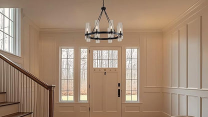 26 Inch Black Wagon Wheel Chandelier with Glass Shade, 8 Lights, Modern Farmhouse Style, Ideal for Dining Room, Kitchen, Entryways