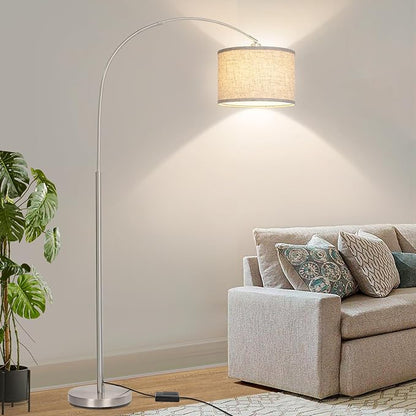 Floor Lamp for Living Room, Dimmable Arc Floor Lamp with Adjustable Head, Silver Finish Modern Pole Lamp, Over Couch Tall Standing Hanging Lights for Reading, Bedroom, Office, 9W 3000K Bulb Included