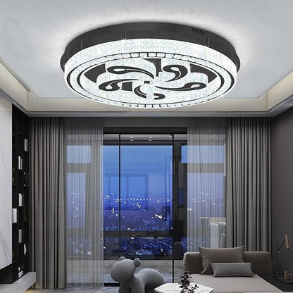 Modern Crystal Chandeliers for Dining Room Flush Mount Ceiling Chandelier for Living Room Dining Room Ring LED Crystal Ceiling Light (Round,32in Black,Dimmable 2700K-6500K)