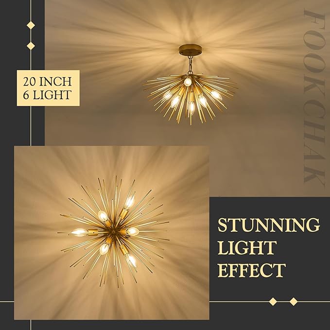 Gold Sputnik Ceiling Light, 6-Light Starburst Chandelier Ceiling Lights Mid Century Modern Satellite Flush Mount Light Solid Metal for Entry Kitchen Sink Dining Room