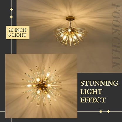 Gold Sputnik Ceiling Light, 6-Light Starburst Chandelier Ceiling Lights Mid Century Modern Satellite Flush Mount Light Solid Metal for Entry Kitchen Sink Dining Room