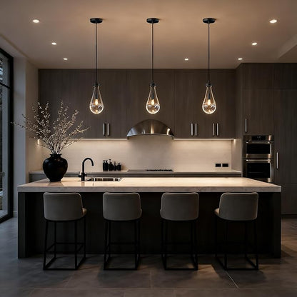 Raindrop Pendant Lights Kitchen Island Set of 3, Black Rain Pendant Island Light DimmableTeardrop Pendant Lights Dining Room Height Adjustable Glass Waterdrop Pendant Light, E12 Bulb Included