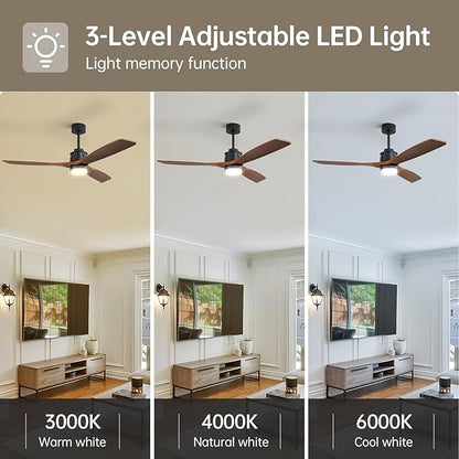 Sofucor 60 inch Ceiling Fan with Lights and Remote, Modern Large LED Ceiling Fan with 3 Walnut Blades and 3 Black Downrods, for Indoor Living Room Bedroom Outdoor Patio Porch, Reversible DC Motor
