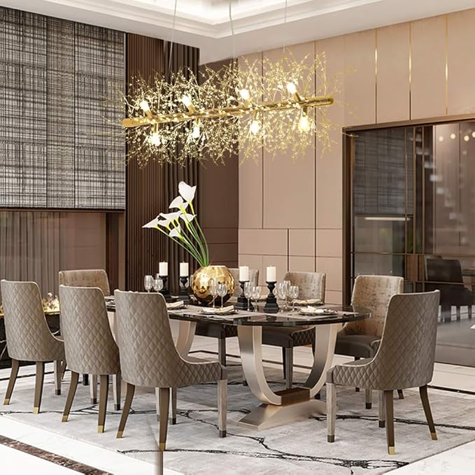 Modern Crystal Firework Chandelier, Linear Lighting Fixtures Hanging, Gold Dandelion Chandelier LED Pendant Lighting for Dining Room, Bedroom, Living Room (12-Light, 35.5")