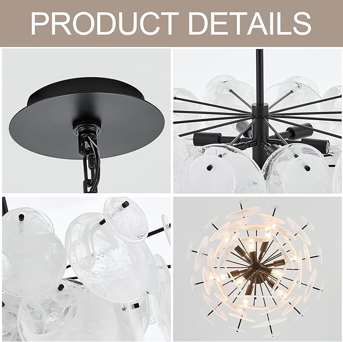 Dia 28 Inch, Modern Glass Chandeliers for Bedroom, Black Dining Room Light Fixture, Large Vintage Pendant Chandelier for Living Room Entryway Foyer