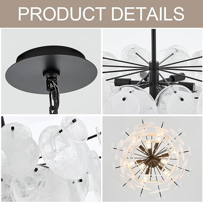 Dia 28 Inch, Modern Glass Chandeliers for Bedroom, Black Dining Room Light Fixture, Large Vintage Pendant Chandelier for Living Room Entryway Foyer