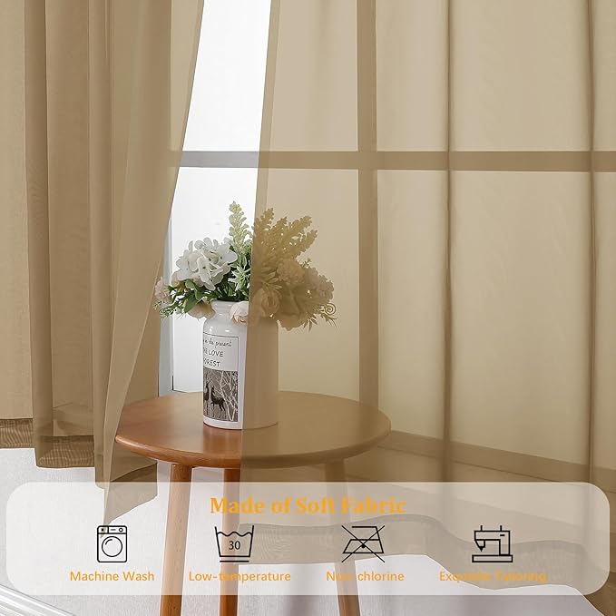 Gwine Taupe Sheer Curtains 90 Inches Long 2 Panels Set, Light Filtering Solid Filmy Drapes for Living Room Bedroom, Elegant Soft Rod Pocket Voile Sheer Window Curtains, 42Wx90L Inch, 2PCS, Taupe