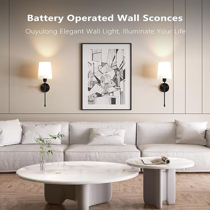 Ouyulong Battery Operated Wall Sconces Set of 2, Wireless Rechargeable Dimmable Wall Light with 5600mAh RGB Bulb and Remote for Bedroom, Living Room, Hallway 24in Black