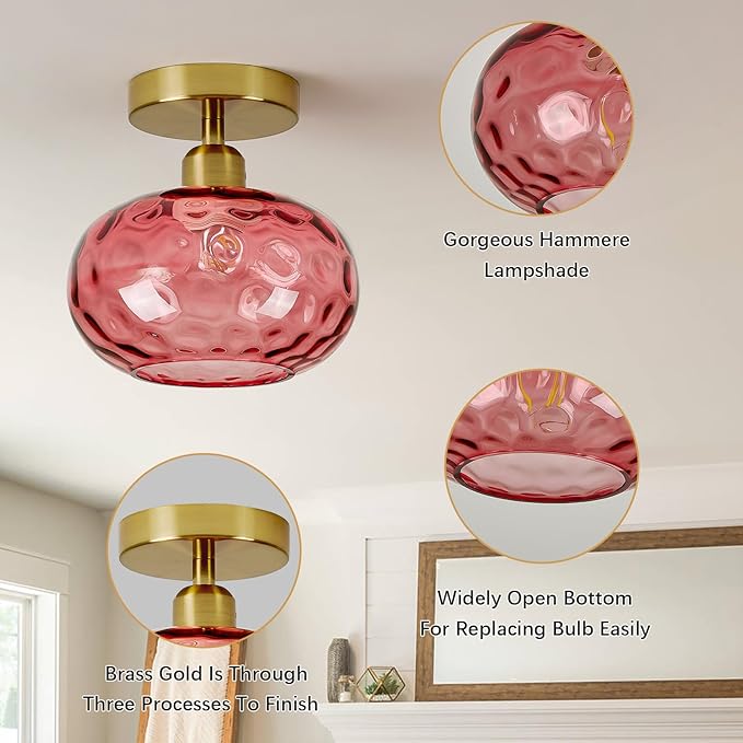 Luafac Red Glass Semi Flush Mount Ceiling Light - 2 Pack,7.9 Inch Small Hammered Art Deco Glass Hallway Light fixtures, Vintage Gold Flush Mount Ceiling Light for entryway Foyer Laundry Room Kitchen