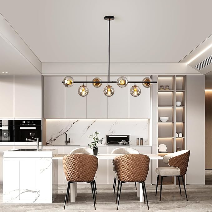 Modern linear chandeliers for dining room,7 Lights Glass Globe sputnik ceiling light fixture 41" Mid Century black and gold chandelier (Large Long Pendant Hanging Lighting for Kitchen Island)