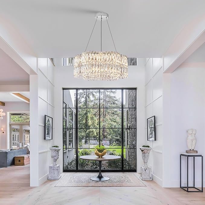 24’’ Crystal LED Chandelier with Remote Control Dimmable 3000-6500K Contemporary Luxury Chandeliers Modern Chrome Light Fixture for Dining Living Room Kitchen Island Foyer Entryway